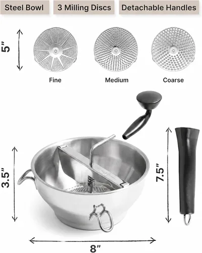 Vista 7 de Molino de alimentos de acero inoxidable con asas desmontables – Molino de manivela para comida de bebé, salsa de tomate y puré de papas – Incluye 3