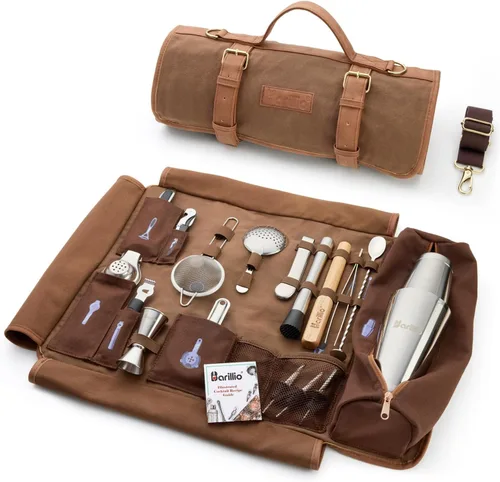 Vista 9 de Barillio Bolsa de Kit de Barman con Juego de Coctelera Negra – Lona Encerada, Bolsa de Herramientas de Bar de Viaje con Kit de Cóctel de 17 Piezas