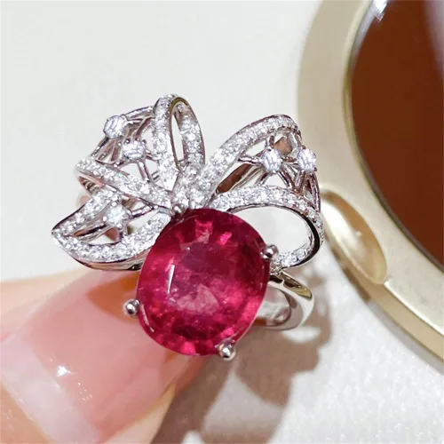 Vista 3 de Anillo de plata de ley 925 con diamantes completos y brillantes de oro de 18 quilates, anillos de cóctel de rubí de talla ovalada de 3 quilates