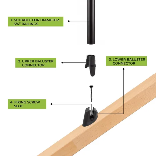 Vista 7 de FENCE & DECK RITE Conectores de balaustre para balaustres metálicos de 3/4", hechos con polipropileno negro de 3/4" para escaleras y cubiertas