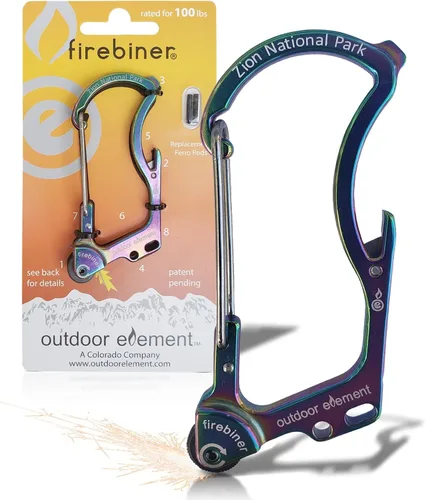 Vista 21 de OUTDOOR ELEMENT Firebiner Custom Engraved 6-in-1 Fire Starter Carabiner Multitool – Survival Gear EDC Keychain with Utility Blade, Bottle Opener