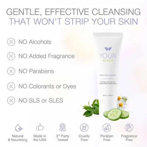Vista 5 de YOUN Beauty Limpiador facial de té verde por el Dr. Anthony Youn - Limpiador facial hidratante sin parabenos, con extractos de aloe vera, manzanilla