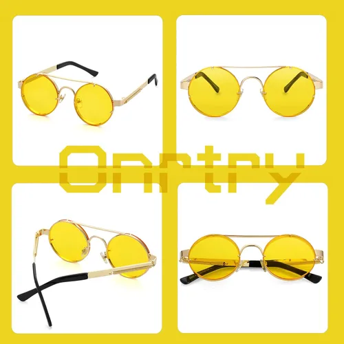 Vista 6 de Onrtry Gafas de sol redondas Steampunk para hombres y mujeres John Lennon Hippie con marco de metal