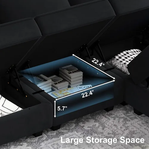 Vista 5 de Belffin - Sofá modular de terciopelo con asientos de almacenamiento, sofá de 3 plazas para sala de estar, color negro