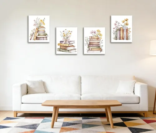 Vista 3 de Frimeeme Lienzo decorativo para pared, lienzo de lectura retro enmarcado, arte para pared, póster bohemio con flores silvestres para el aula, juego