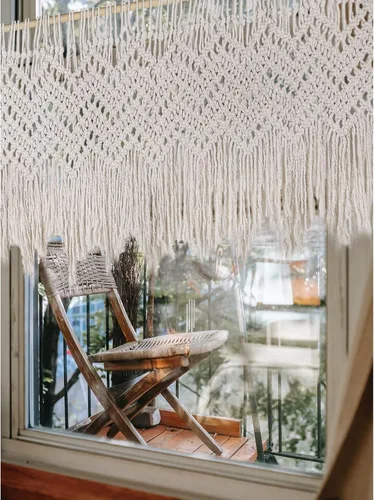 Vista 7 de Cortina bohemia de macramé con cenefa, 47 pulgadas de ancho x 22 pulgadas de largo (beige), casual, filtro de luz, sin forro, adulto, unisex