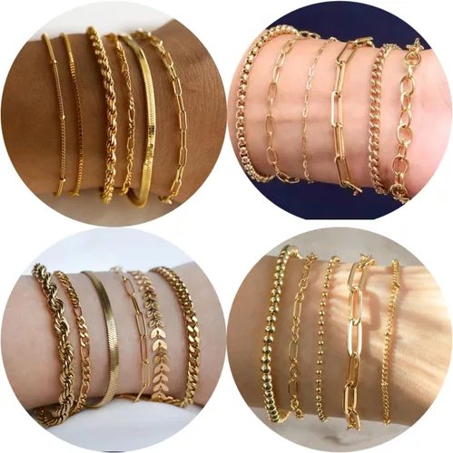 Vista 2 de WAINIS Juego de 23 pulseras de cadena de oro para mujer, de moda, chapadas en oro de 14 quilates, pulseras de clip de eslabones de eslabones