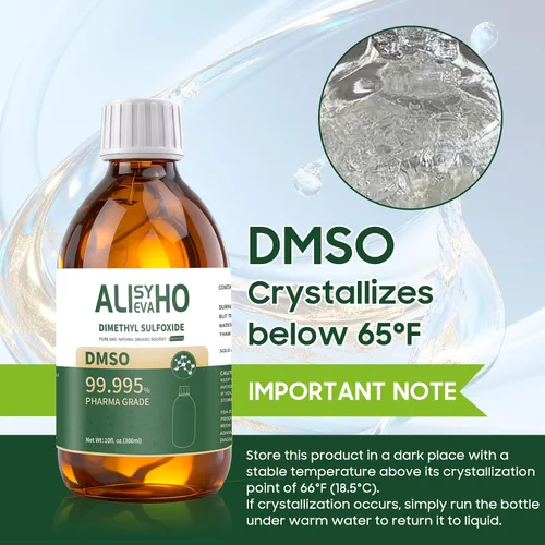 Vista 4 de DMSO 10 oz (pureza 99.995%) grado farmacéutico Sulfóxido de dimetilo, embalaje de botella de vidrio de 10 onzas