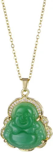 Vista 2 de Juego de 2 collares con dije de Buda de la suerte que ríe, cadena ajustable de eslabones de acero inoxidable, collar budista de cuentas de circonita