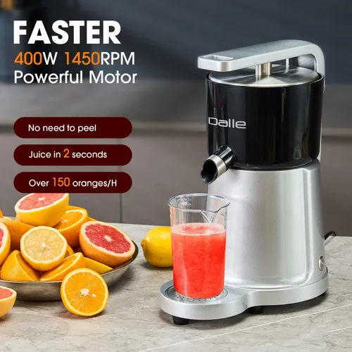 Vista 2 de DALLE Exprimidor comercial de cítricos Exprimidor de jugo de naranja, limón y pomelo desmontable con cubierta contra salpicaduras, 2 conos y 2
