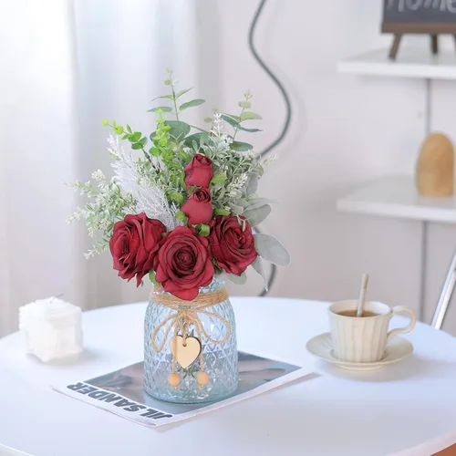 Vista 2 de Rosas artificiales de seda de 14.5 pulgadas con jarrón para decoración del Borgoña
