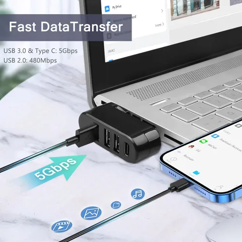 Vista 4 de VIENON Hub USB 3.0 de 4 puertos [Giro de 90°/180°], divisor USB con puerto USB C de 5W PD-in, extensor USB para laptop, automóvil, iMac, MacBook