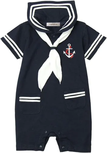 Vista 2 de stylesilove.com Mameluco de algodón marinero marino para bebé niño con sombrero y corbata, 3 piezas para vacaciones