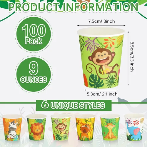 Vista 2 de Amyhill 100 vasos desechables de papel de 9 onzas para niños, animales, tazas de baño, pequeñas y coloridas para fiestas, picnic, barbacoas, viajes