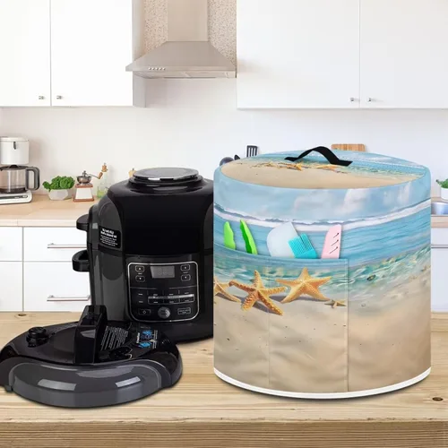Vista 3 de Suobstales Cubierta para aparato con estampado de estrellas de mar de playa, cubierta antipolvo, funda portátil para olla a presión con bolsillo