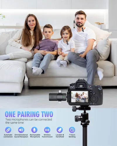 Vista 5 de PQRQP Micrófonos inalámbricos Lavalier 3 en 1 para iPhone, iPad, Android, cámara, micrófono USB-C, batería de 7 horas, micrófono mini con reducción