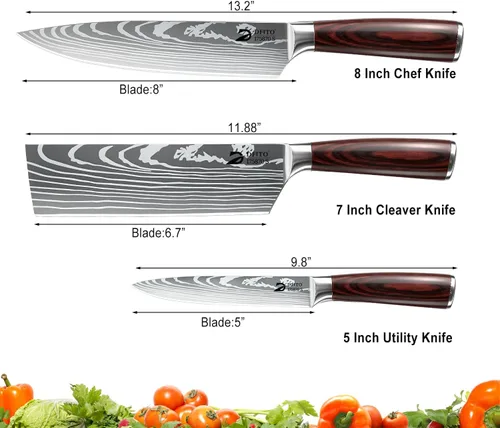Vista 2 de Dfito Juego de cuchillos de cocina, 3 piezas de acero inoxidable de alto carbono con mango de madera de Pakkawood roja, juegos de cuchillos de chef