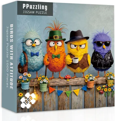 Vista 13 de Rompecabezas de 1000 piezas para la familia de pájaros lindos para adultos, coloridos pájaros con sombreros y bufandas, rompecabezas de animales
