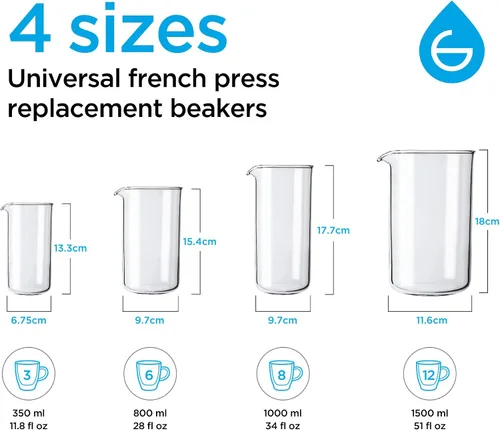 Vista 4 de GROSCHE Vaso universal de vidrio de repuesto para prensa francesa, jarra de vidrio de borosilicato 3.3 para café y té, resistente al calor, se