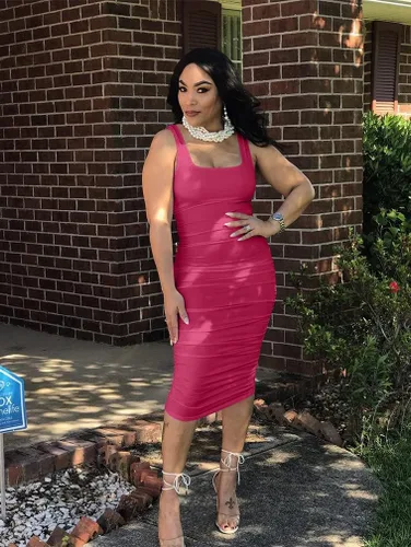 Vista 5 de BEAGIMEG Vestido midi sin mangas sexy fruncido para mujer