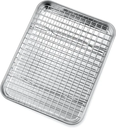 Vista 9 de P&P CHEF, bandeja para horno tostador de 9 pulgadas con juego de rejilla, bandeja de hornear de acero inoxidable y rejilla de enfriamiento