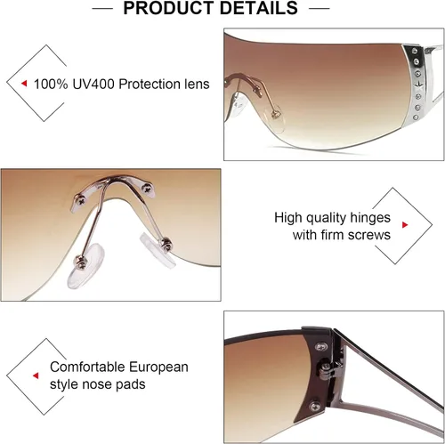 Vista 5 de SORVINO Lentes de sol Y2K sin montura para mujeres y hombres, diseño de escudo futurista de moda, de gran tamaño de los años 2000, con estrellas