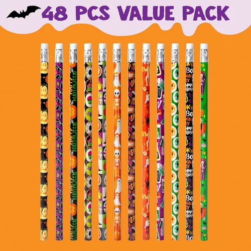 Vista 2 de JOYIN 48 lápices de Halloween a granel con borrador, surtido de lápices coloridos de otoño, juego de papelería con temática de Halloween de 12