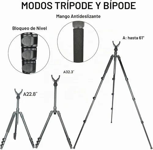 Vista 3 de Trípode de disparo ajustable para rifles, bastón de disparo con bloqueo de nivel, trípode monópode bípode 3 en 1, altura de 22.8″-61″, aleación