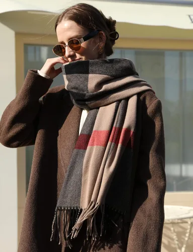 Vista 6 de Bufanda de invierno para mujer, chal grande y cálido, clásico con borlas, a cuadros, bufandas gruesas