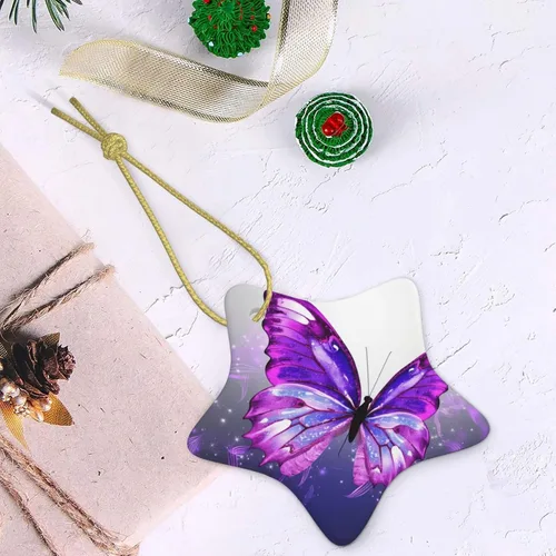Vista 7 de Adornos de árbol de Navidad colgantes de mariposa morada, adornos de cerámica, decoración de porcelana de Navidad, adorno colgante para el hogar