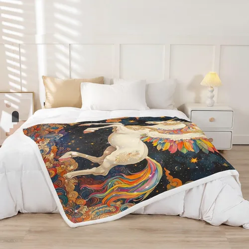 Vista 2 de Manta de unicornio de ensueño, manta de cielo estrellado con plumas de arco iris para niñas, adolescentes y adultos, manta de forro polar exótica