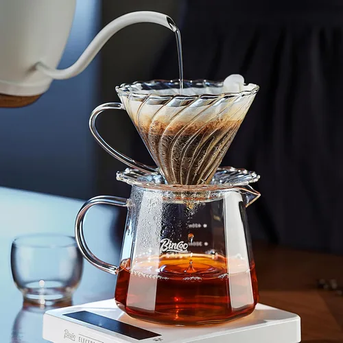 Vista 3 de Bincoo Juego de cafetera vertida, cafetera de goteo de cono de 60° en forma de V, incluye jarra de café de vidrio borosilicato de 16 onzas y gotero