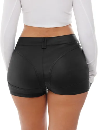 Vista 3 de RAMISU Pantalones cortos de mezclilla ajustados y elásticos para mujer, con aspecto de cuero, con bolsillos