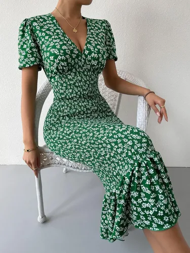 Vista 3 de Floerns Vestido midi ajustado de manga corta con cuello en V y estampado floral para mujer