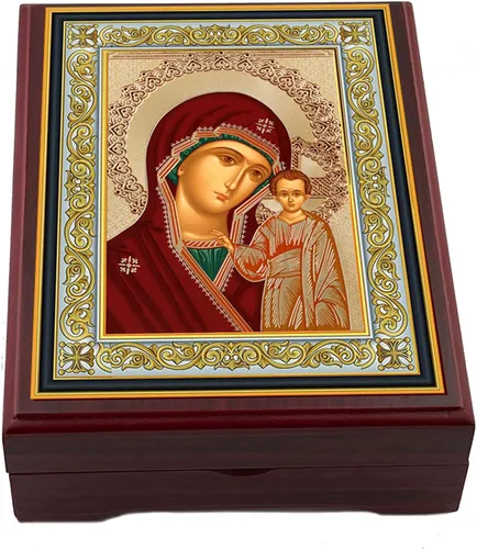 Vista 2 de Gifts Plaza (D) Caja de iconos de madera de alta calidad, caja de recuerdo para cuentas de oración, rosario y joyas, 5 116 pulgadas (Virgen de Kazán)