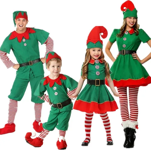 Vista 3 de Disfraz de elfo de Navidad, traje de elfo navideño, ropa familiar de elfo verde para niños, niñas, niños, adultos, mujeres, hombres y parejas