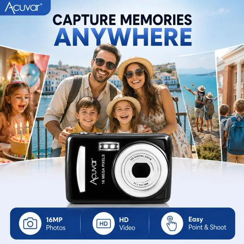 Vista 2 de Acuvar - Cámara digital de 16 MP, cámara compacta de apuntar y disparar con pantalla LCD de 2.4 pulgadas, tarjeta micro SD de 32 GB, cámara de viaje