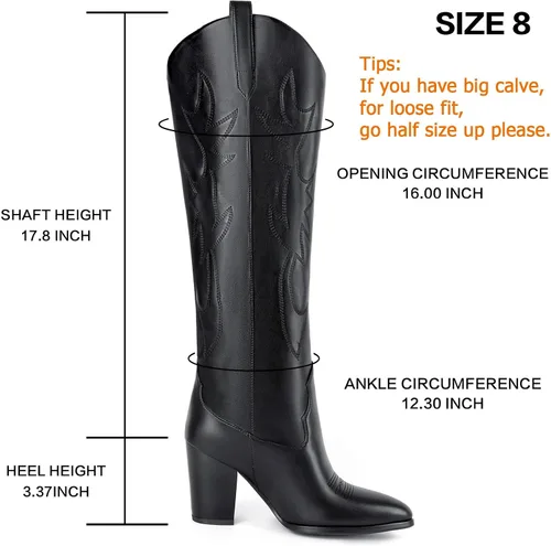 Vista 2 de Mostrin Botas vaqueras bordadas para mujer, botas vaqueras con punta puntiaguda, botas altas hasta la rodilla, tacón grueso, botas occidentales