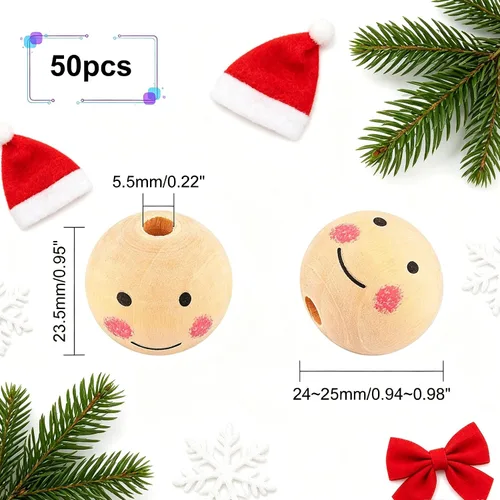 Vista 2 de PH PandaHall 50 cuentas de madera de 1 pulgada, cuentas de madera natural, cuentas de madera sueltas, bolas de madera con cara pintada para árbol