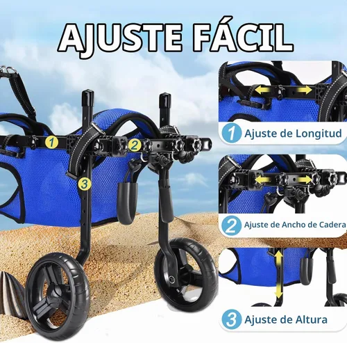 Vista 3 de Silla de ruedas para perros para patas traseras, altura/longitud/ancho ajustable, silla de ruedas resistente con ruedas que absorben los golpes