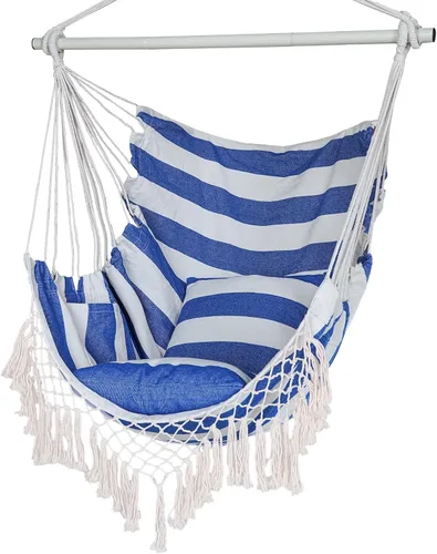 Vista 13 de Silla Hamaca, Asiento de Columpio Colgante de Cuerda con 2 Cojines, Silla Colgante de Macramé con Bolsillo Lateral con Varilla de Metal de Alta