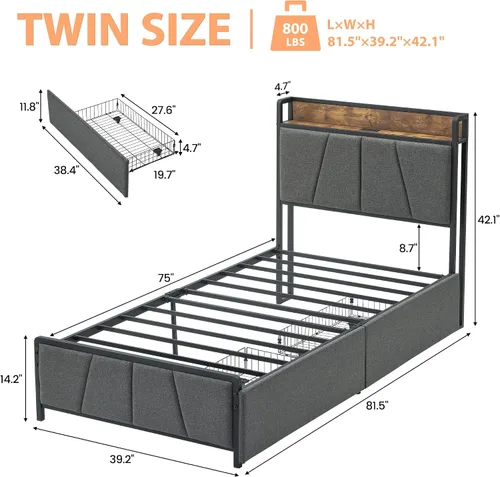 Vista 2 de GAOMON Base de cama tamaño individual con 2 cajones de almacenamiento y estación de carga, base de cama tapizada de lino rústico con cabecera