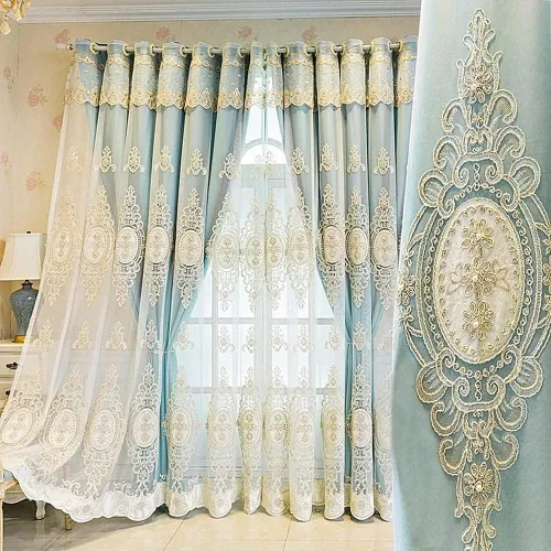 Vista 7 de Amidoudou 1 par de cortinas europeas de doble capa con cenefas para sala de estar, dormitorio, cortinas bordadas con flores 3D de lujo
