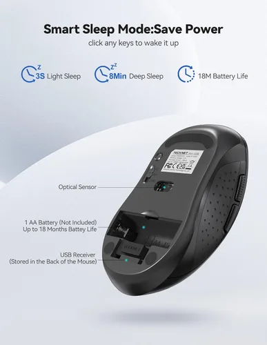 Vista 6 de TECKNET Mouse inalámbrico Bluetooth para laptop, mouse inalámbrico USB-A de 2.4G, 6 niveles ajustables 4000 DPI, ratones portátiles con receptor y 6