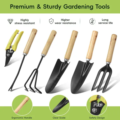 Vista 5 de Juego de herramientas de jardinería de 9 piezas, juego de herramientas de jardín resistentes con mango de madera, herramientas de mano premium