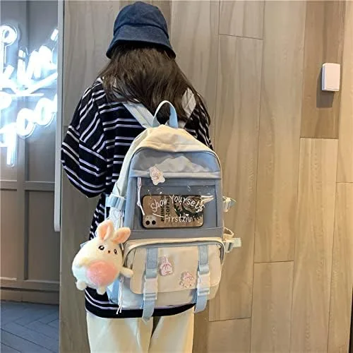 Vista 2 de ncduansan Mochila Kawaii con pin Kawaii y accesorios linda mochila estética y linda mochila Kawaii para la escuela azul Blue01