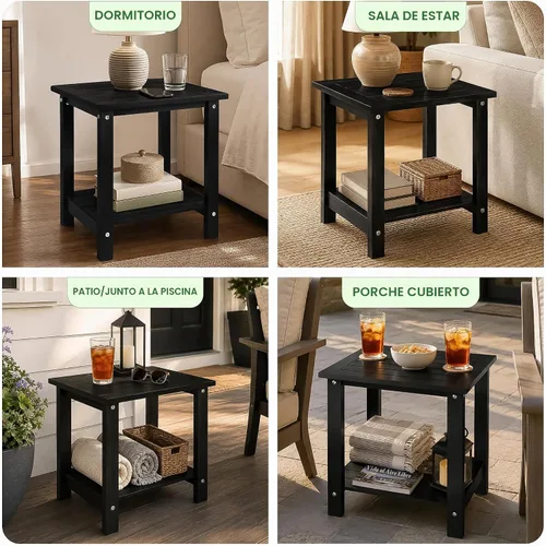 Vista 8 de VICTORY RELAX Mesa de acento Adirondack negra para exteriores – Mesa auxiliar de madera de acacia resistente a la intemperie con almacenamiento