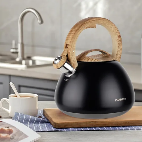 Vista 8 de MARSKITOP Tetera para estufa, tetera silbante para estufa, tetera de acero inoxidable de grado alimenticio con mango ergonómico Cool Touch, 2.6 Negro
