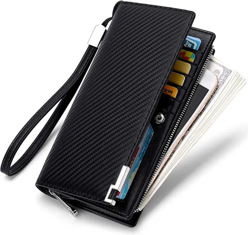 Vista 10 de Huztencor Billeteras largas para hombre de cuero RFID bloqueo billetera plegable con cremallera