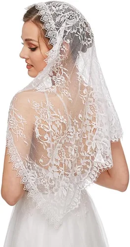 Vista 4 de Velo de mantilla de encaje, bufanda de encaje floral vintage, triángulo blanco, velo de boda, velos capilla velos de marfil católica misa iglesia